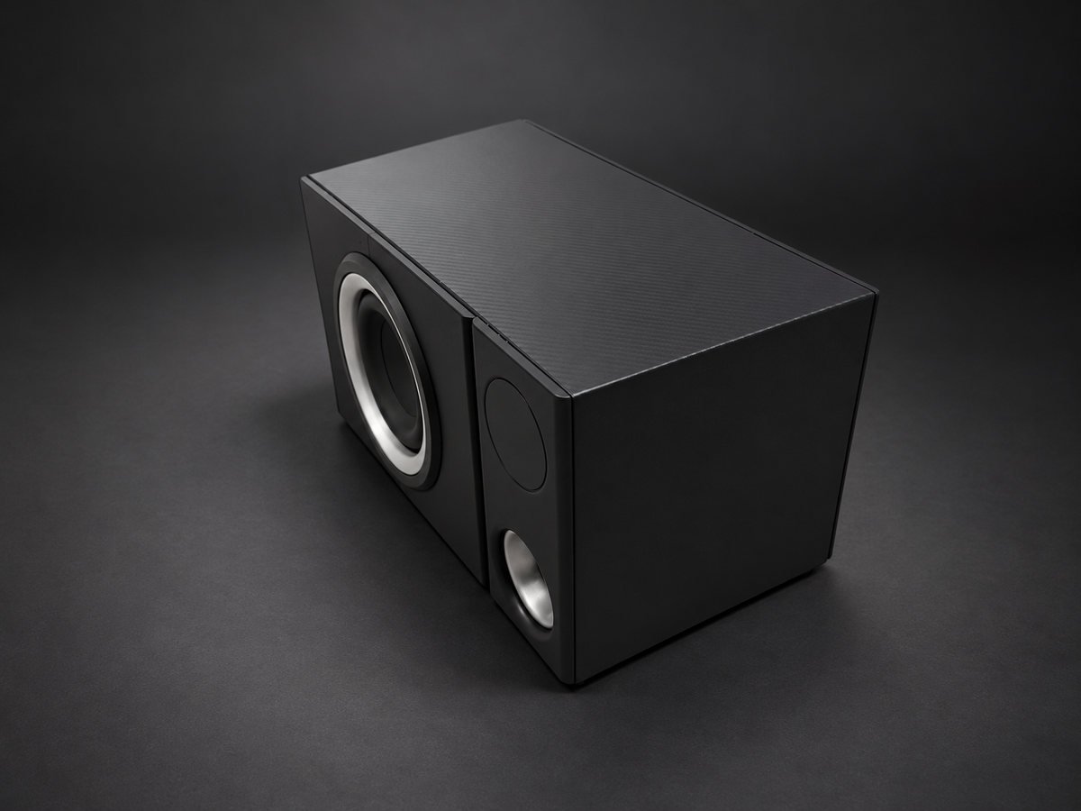 Prototype in a matte black enclosure with a carbon-pattern top, seen at an angle from the front.